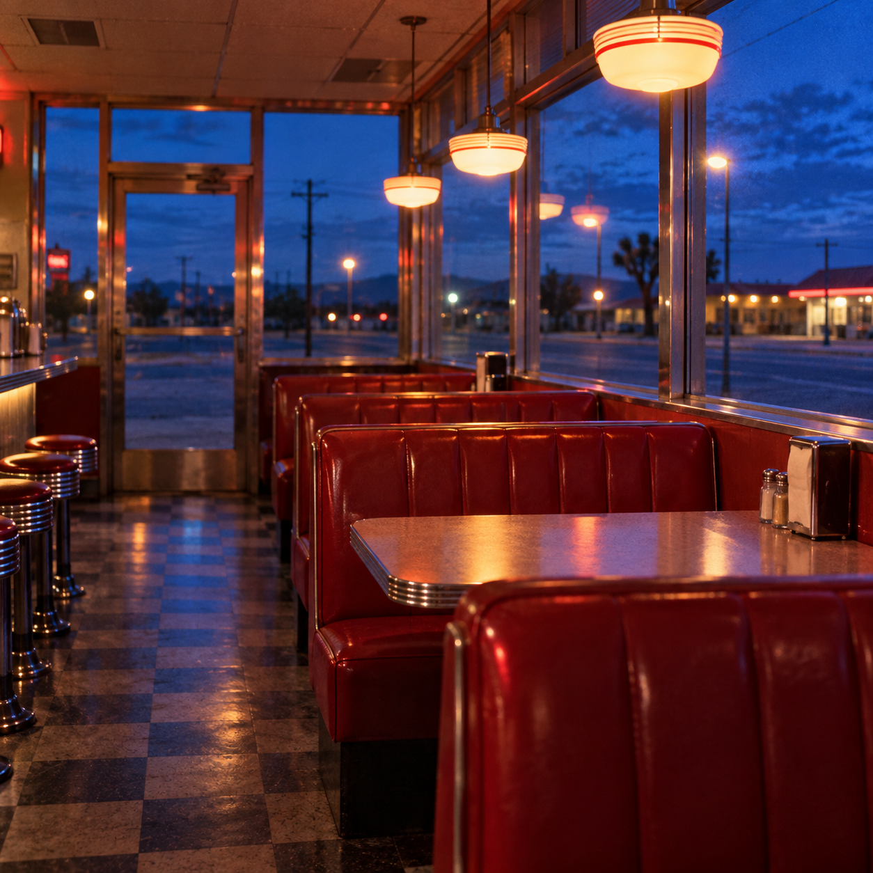 Quiet roadside diner at blue hour